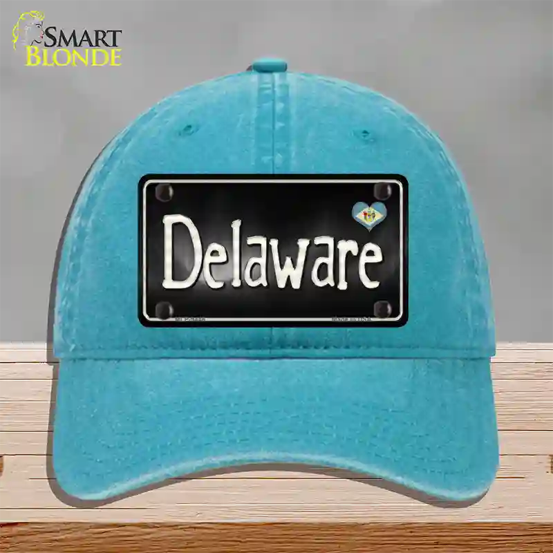 Delaware Flag Script Novelty License Plate Hat Unconstructed Cotton / Lake Blue