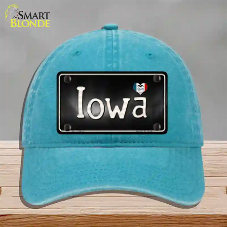 Iowa Flag Script Novelty License Plate Hat Unconstructed Cotton / Lake Blue