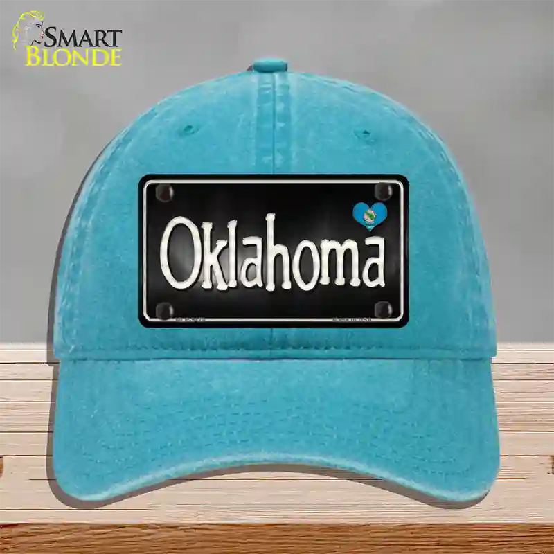 Oklahoma Flag Script Novelty License Plate Hat Unconstructed Cotton / Lake Blue