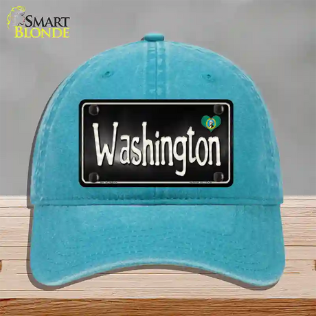 Washington Flag Script Novelty License Plate Hat Unconstructed Cotton / Lake Blue