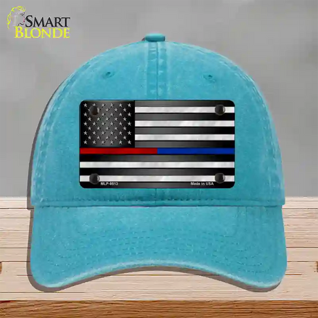 American Flag Police / Fire Novelty License Plate Hat Unconstructed Cotton / Lake Blue