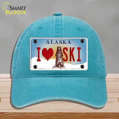 I Love Ski Alaska State Novelty License Plate Hat Unconstructed Cotton / Lake Blue