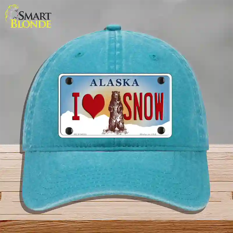 I Love Snow Alaska State Novelty License Plate Hat Unconstructed Cotton / Lake Blue