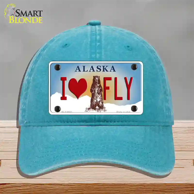 I Love Fly Alaska State Novelty License Plate Hat Unconstructed Cotton / Lake Blue