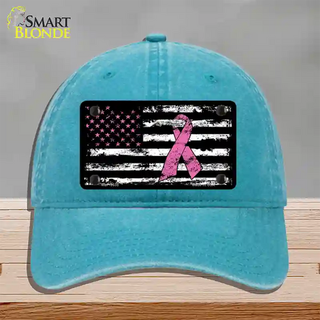 Vintage American Flag Pink Ribbon Novelty License Plate Hat Unconstructed Cotton / Lake Blue