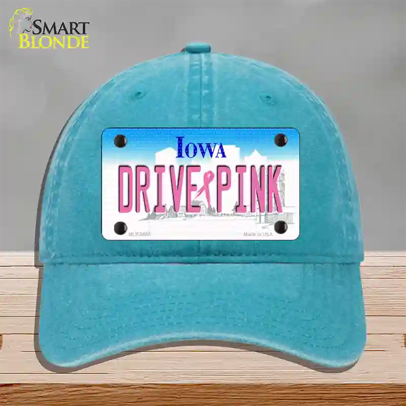 Drive Pink Iowa Novelty License Plate Hat Unconstructed Cotton / Lake Blue