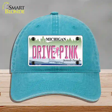 Drive Pink Michigan Novelty License Plate Hat Unconstructed Cotton / Lake Blue