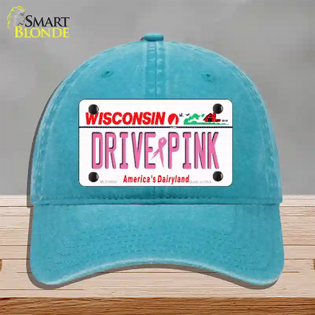 Drive Pink Wisconsin Novelty License Plate Hat Unconstructed Cotton / Lake Blue