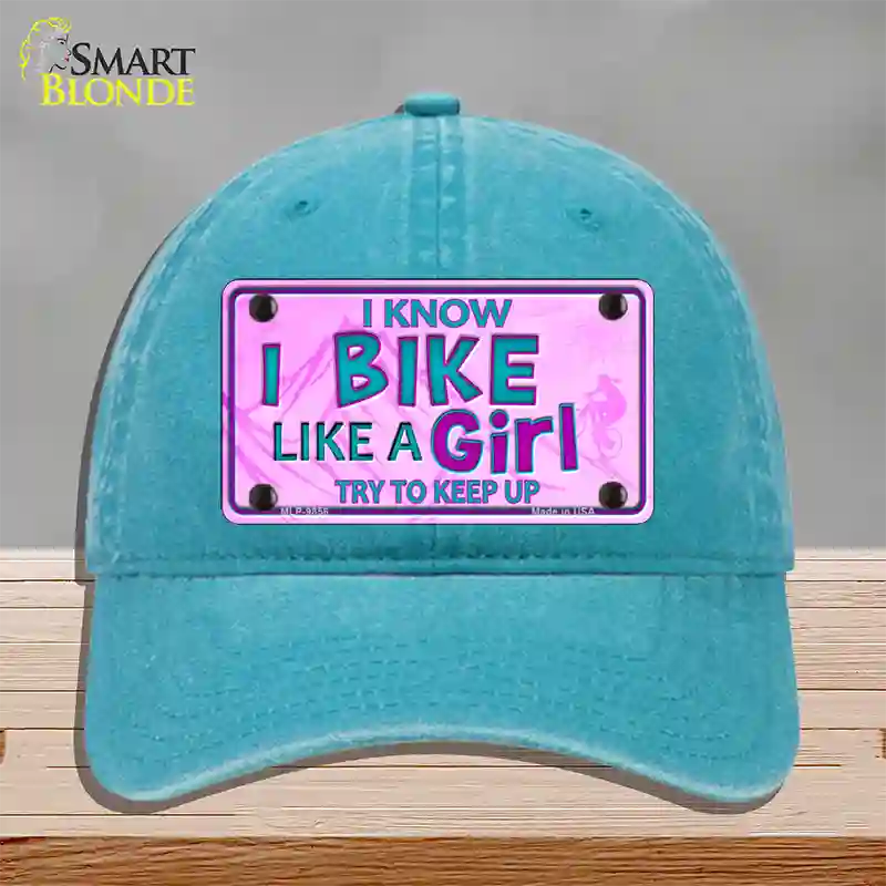 Bike Like A Girl Pink Novelty License Plate Hat Unconstructed Cotton / Lake Blue