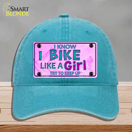 Bike Like A Girl Pink Novelty License Plate Hat Unconstructed Cotton / Lake Blue