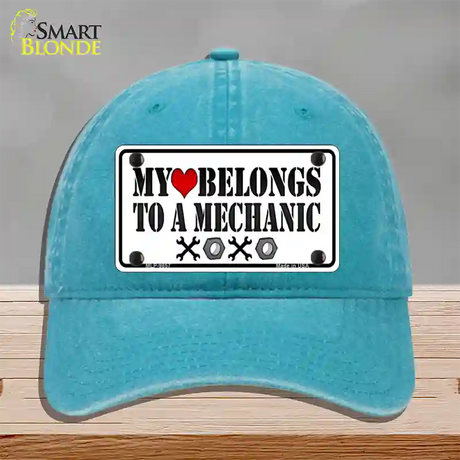 Heart Belongs To Mechanic Novelty License Plate Hat Unconstructed Cotton / Lake Blue