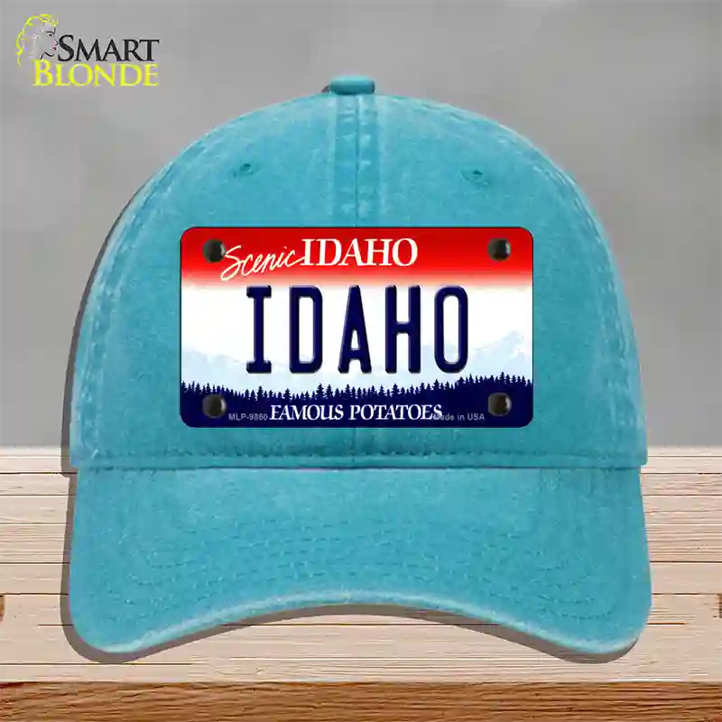 Scenic Idaho Novelty License Plate Hat Unconstructed Cotton / Lake Blue