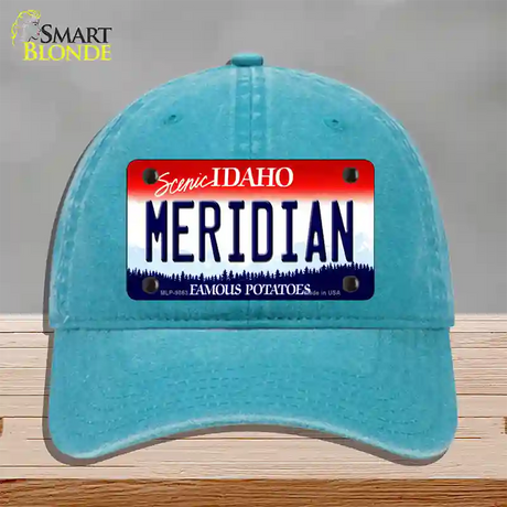 Meridian Idaho Novelty License Plate Hat Unconstructed Cotton / Lake Blue