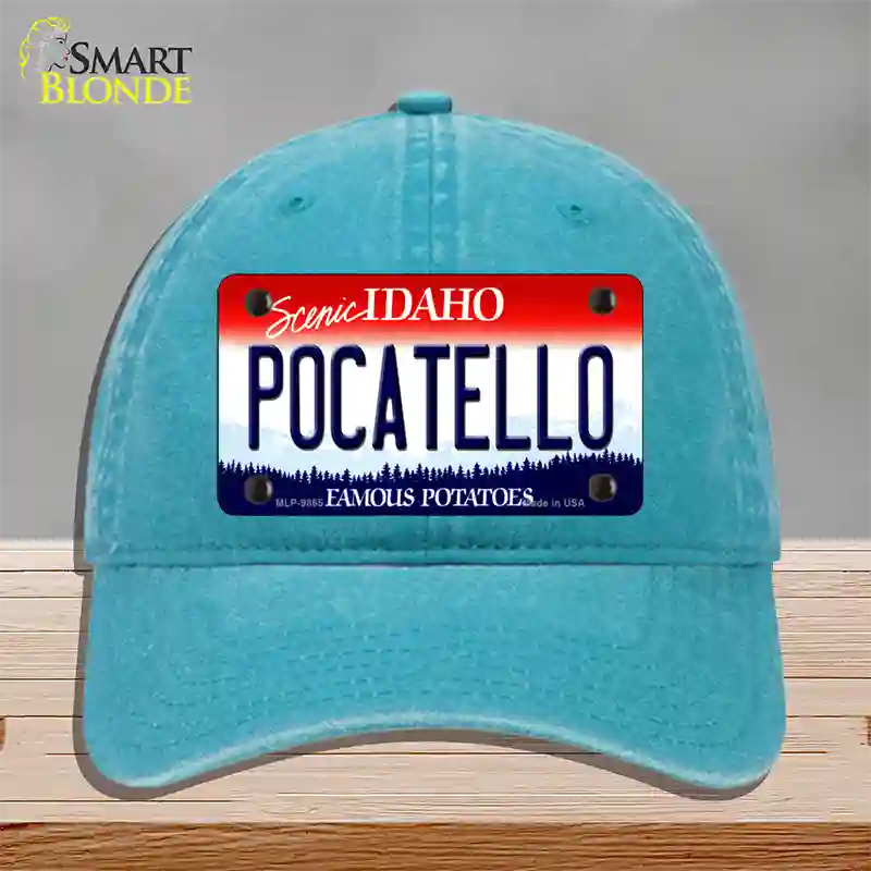 Pocatello Idaho Novelty License Plate Hat Unconstructed Cotton / Lake Blue