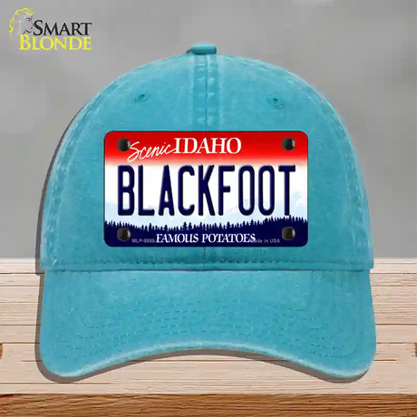 Blackfoot Idaho Novelty License Plate Hat Unconstructed Cotton / Lake Blue