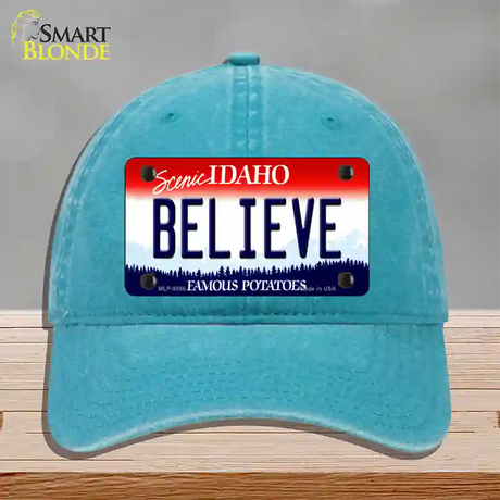 Believe Idaho Novelty License Plate Hat Unconstructed Cotton / Lake Blue