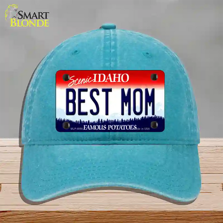 Best Mom Idaho Novelty License Plate Hat Unconstructed Cotton / Lake Blue