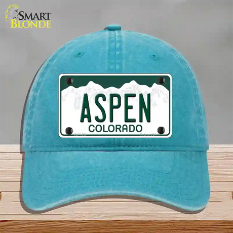 Aspen Colorado Novelty License Plate Hat Unconstructed Cotton / Lake Blue