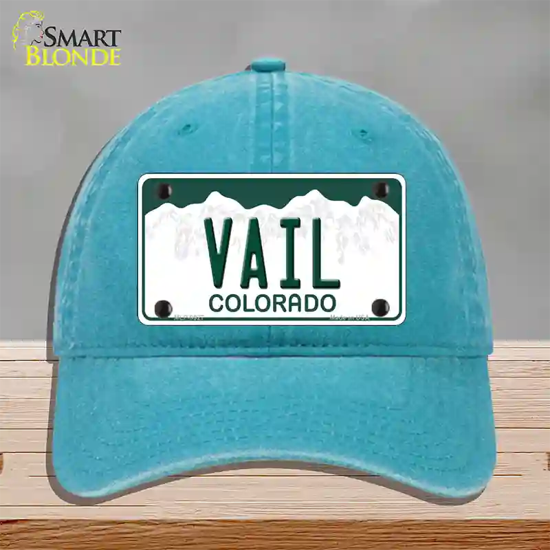 Vail Colorado Novelty License Plate Hat Unconstructed Cotton / Lake Blue