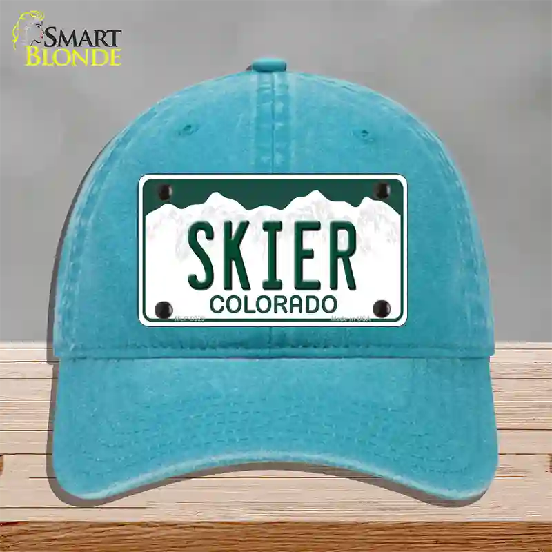 Skier Colorado Novelty License Plate Hat Unconstructed Cotton / Lake Blue