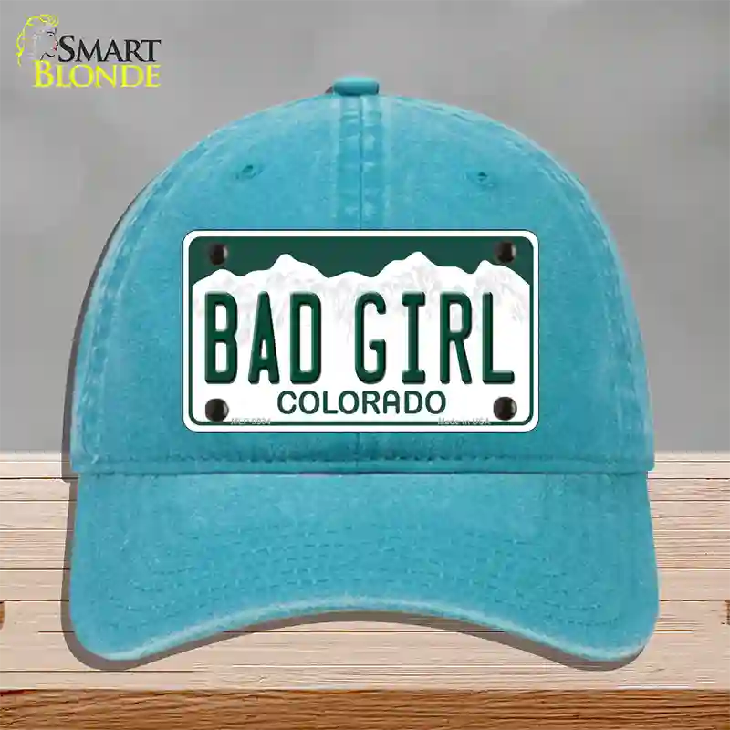 Bad Girl Colorado Novelty License Plate Hat Unconstructed Cotton / Lake Blue