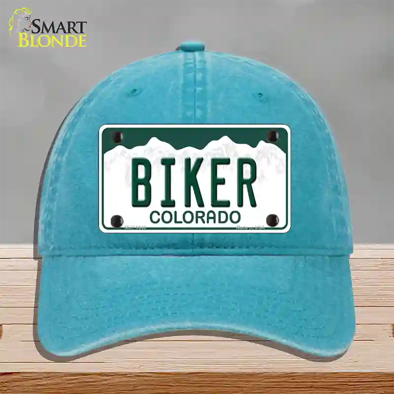 Biker Colorado Novelty License Plate Hat Unconstructed Cotton / Lake Blue