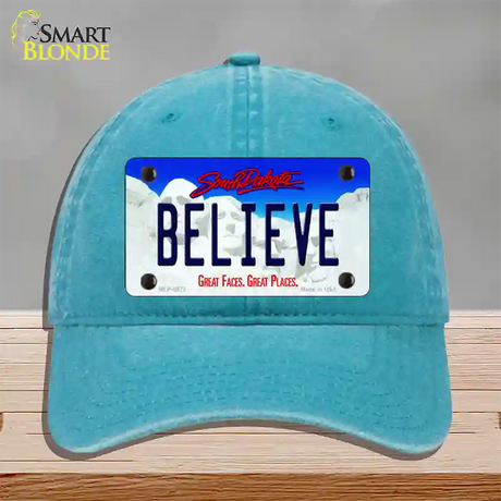 Believe South Dakota Novelty License Plate Hat Unconstructed Cotton / Lake Blue