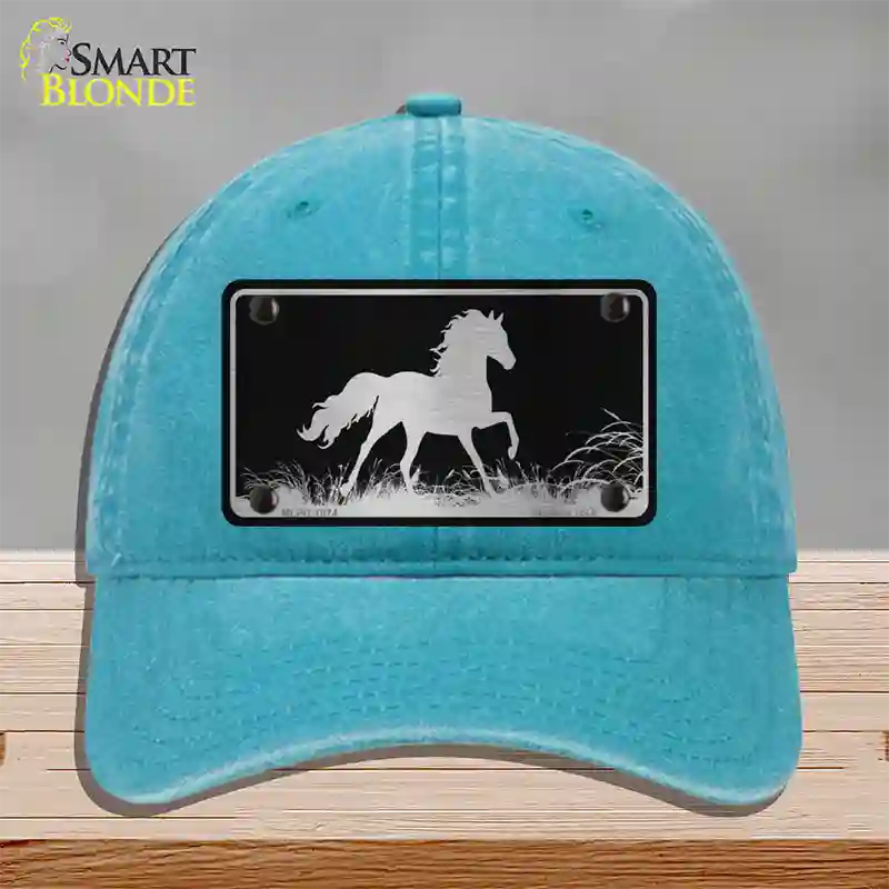 Horse Black Brushed Chrome Novelty License Plate Hat Unconstructed Cotton / Lake Blue