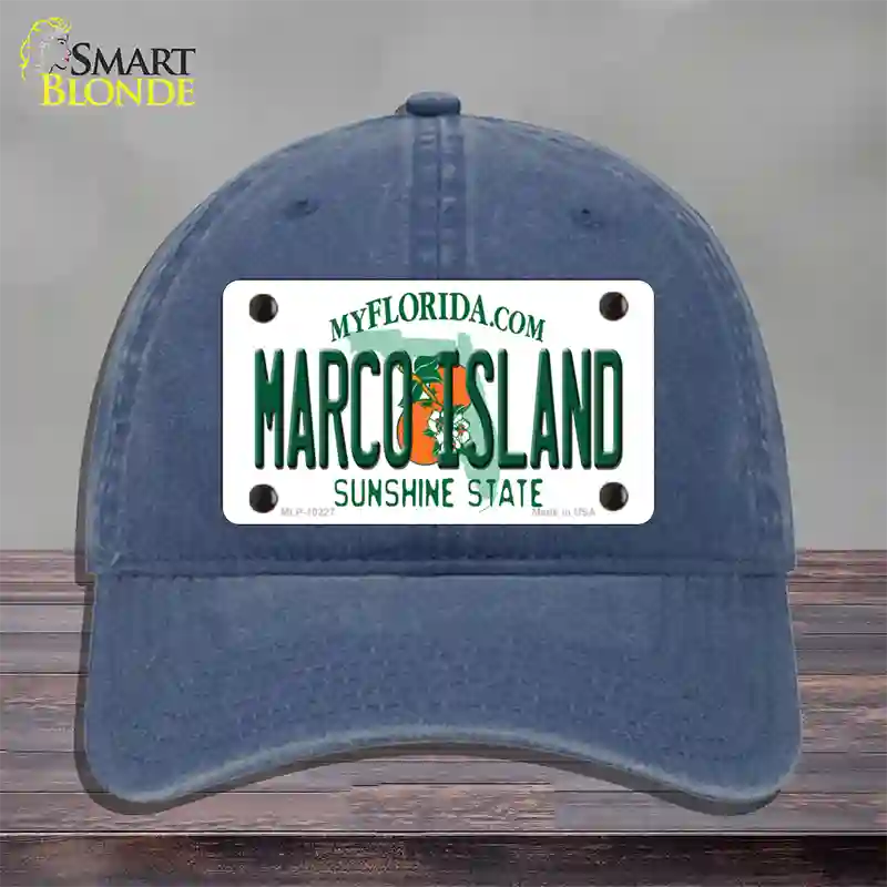 Marco Island Florida Novelty License Plate Hat Unconstructed Cotton / Navy