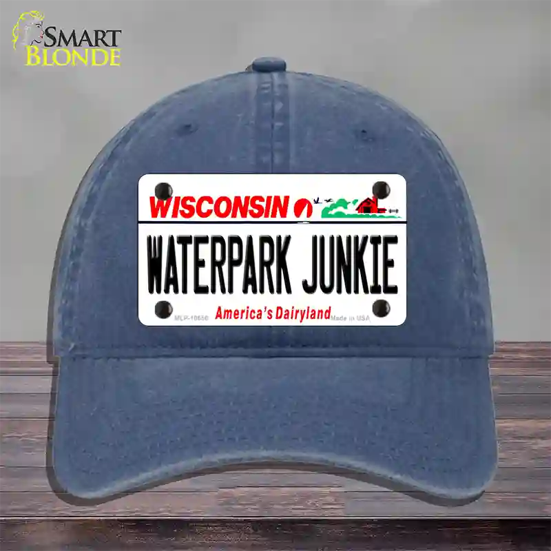 Waterpark Junkie Wisconsin Novelty License Plate Hat Unconstructed Cotton / Navy