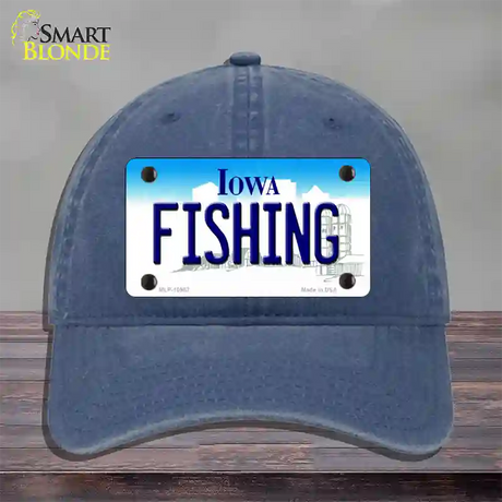 Fishing Iowa Novelty License Plate Hat Unconstructed Cotton / Navy