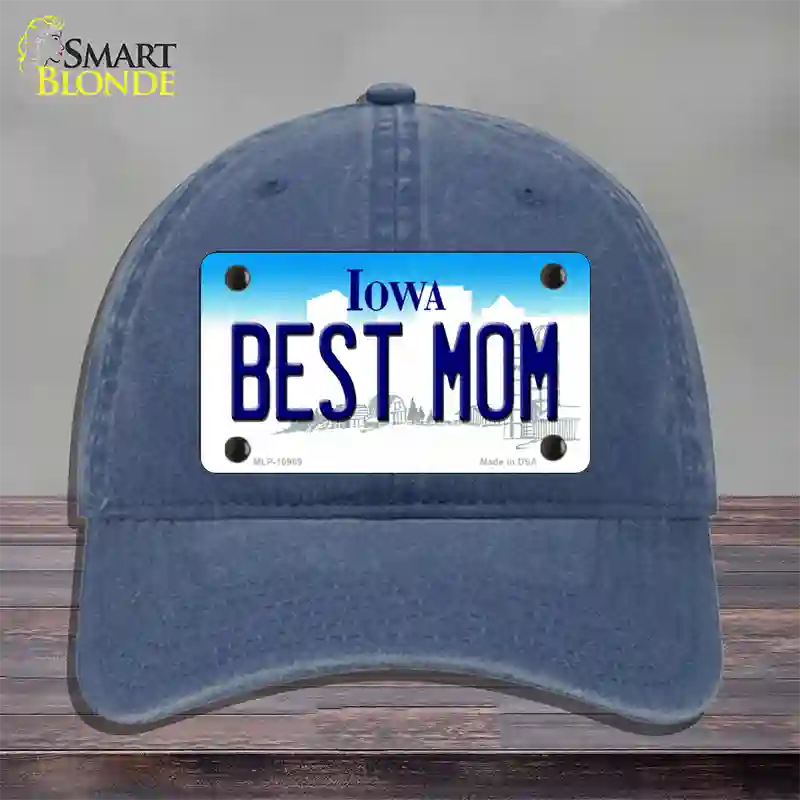 Best Mom Iowa Novelty License Plate Hat Unconstructed Cotton / Navy