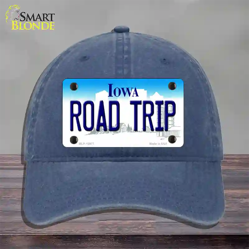 Road Trip Iowa Novelty License Plate Hat Unconstructed Cotton / Navy