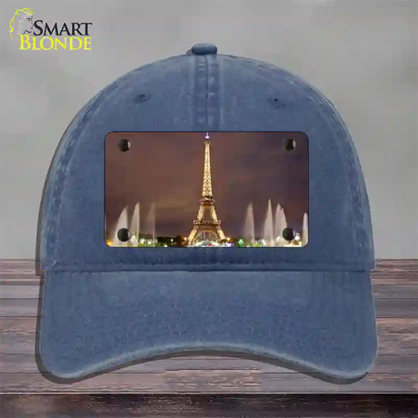 Eiffel Tower Night With Fountain Novelty License Plate Hat Unconstructed Cotton / Navy