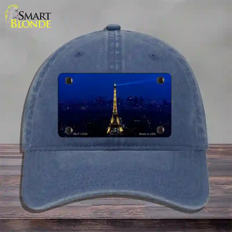 Eiffel Tower Night With City Skyline Novelty License Plate Hat Unconstructed Cotton / Navy