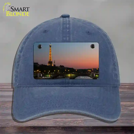 Eiffel Tower Night With River and Bridge Novelty License Plate Hat Unconstructed Cotton / Navy