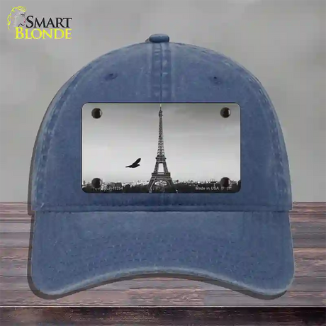 Eiffel Tower Black and White With Bird Novelty License Plate Hat Unconstructed Cotton / Navy