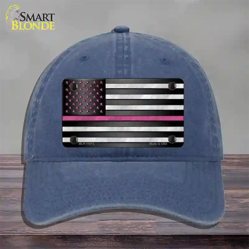 Thin Pink Line With Pink Stars Novelty License Plate Hat Unconstructed Cotton / Navy