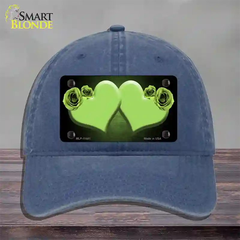 Hearts Over Roses In Lime Green Novelty License Plate Hat Unconstructed Cotton / Navy