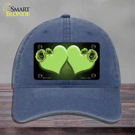 Hearts Over Roses In Lime Green Novelty License Plate Hat Unconstructed Cotton / Navy