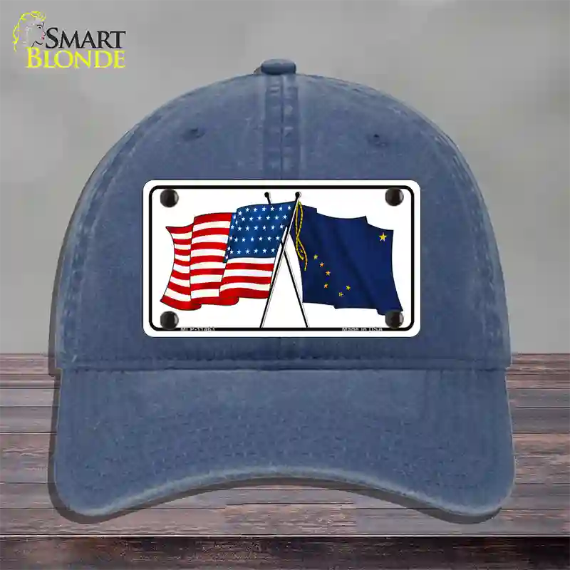 Alaska Crossed US Flag Novelty License Plate Hat Unconstructed Cotton / Navy