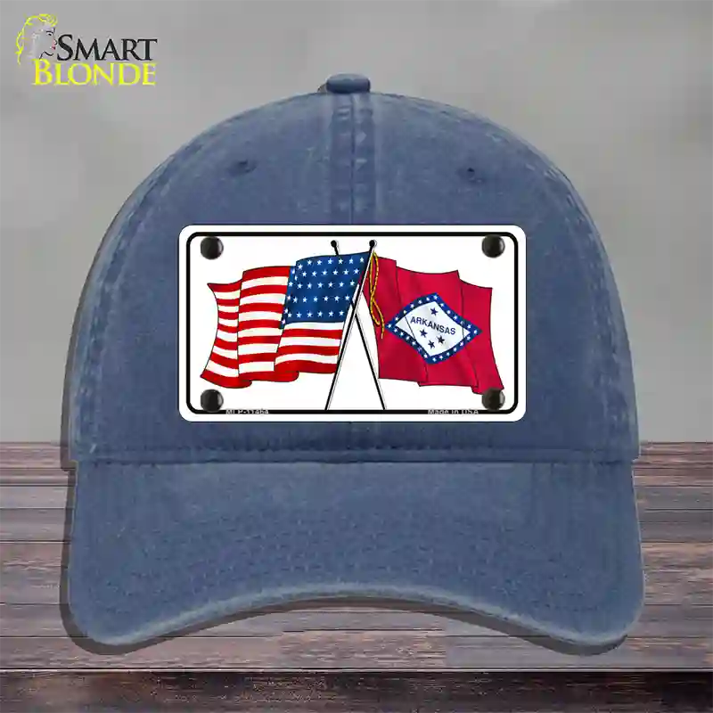 Arkansas Crossed US Flag Novelty License Plate Hat Unconstructed Cotton / Navy