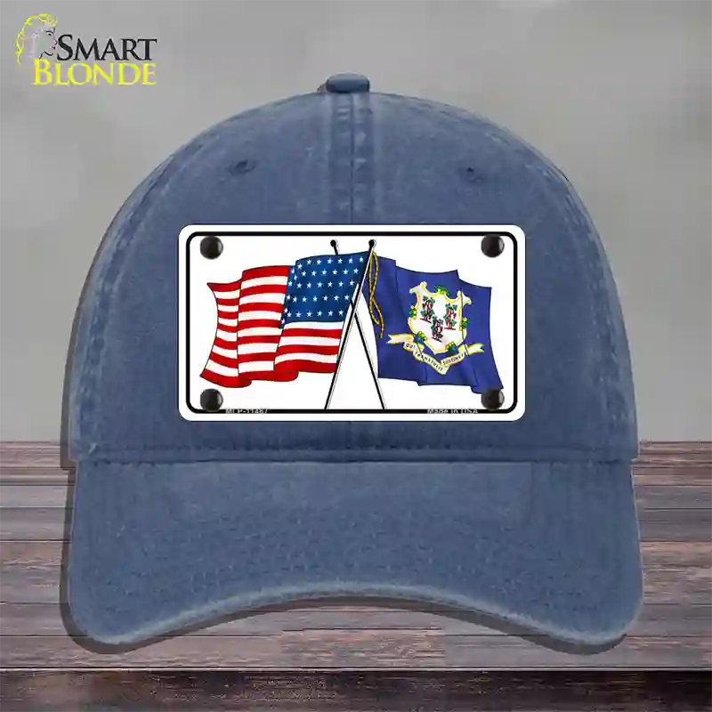 Connecticut Crossed US Flag Novelty License Plate Hat Unconstructed Cotton / Navy