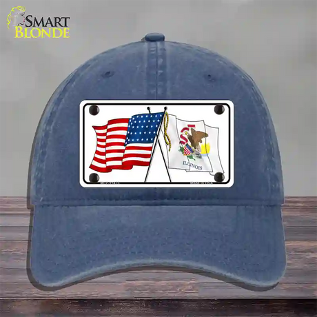 Illinois Crossed US Flag Novelty License Plate Hat Unconstructed Cotton / Navy