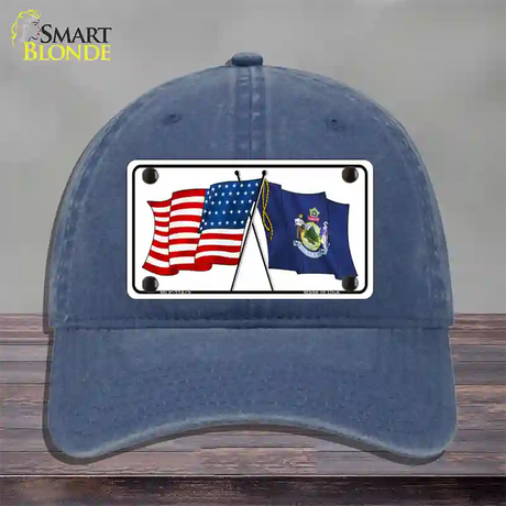 Maine Crossed US Flag Novelty License Plate Hat Unconstructed Cotton / Navy