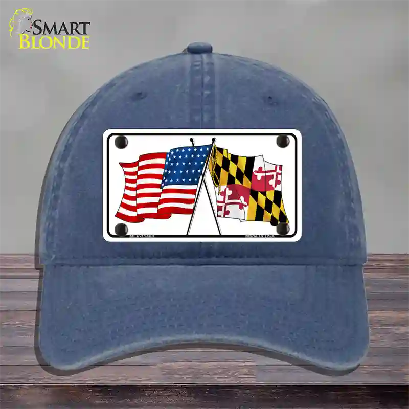 Maryland Crossed US Flag Novelty License Plate Hat Unconstructed Cotton / Navy