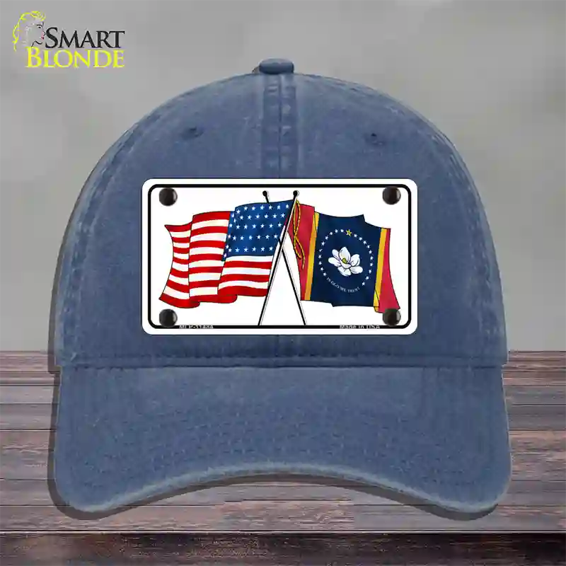 Mississippi Crossed US Flag Novelty License Plate Hat Unconstructed Cotton / Navy