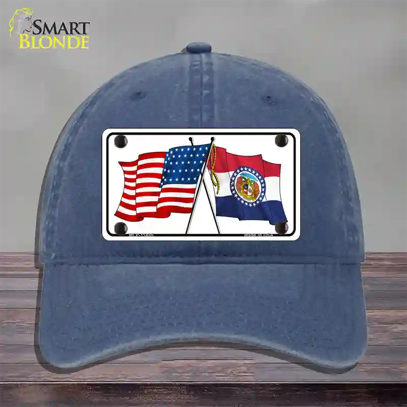 Missouri Crossed US Flag Novelty License Plate Hat Unconstructed Cotton / Navy