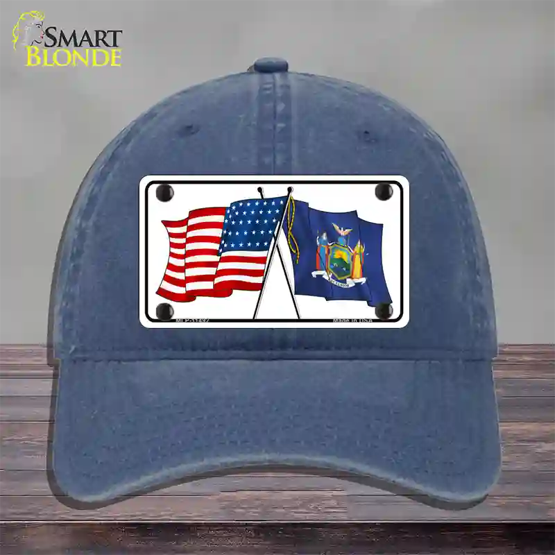 New York Crossed US Flag Novelty License Plate Hat Unconstructed Cotton / Navy