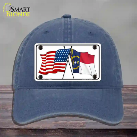 North Carolina Crossed US Flag Novelty License Plate Hat Unconstructed Cotton / Navy